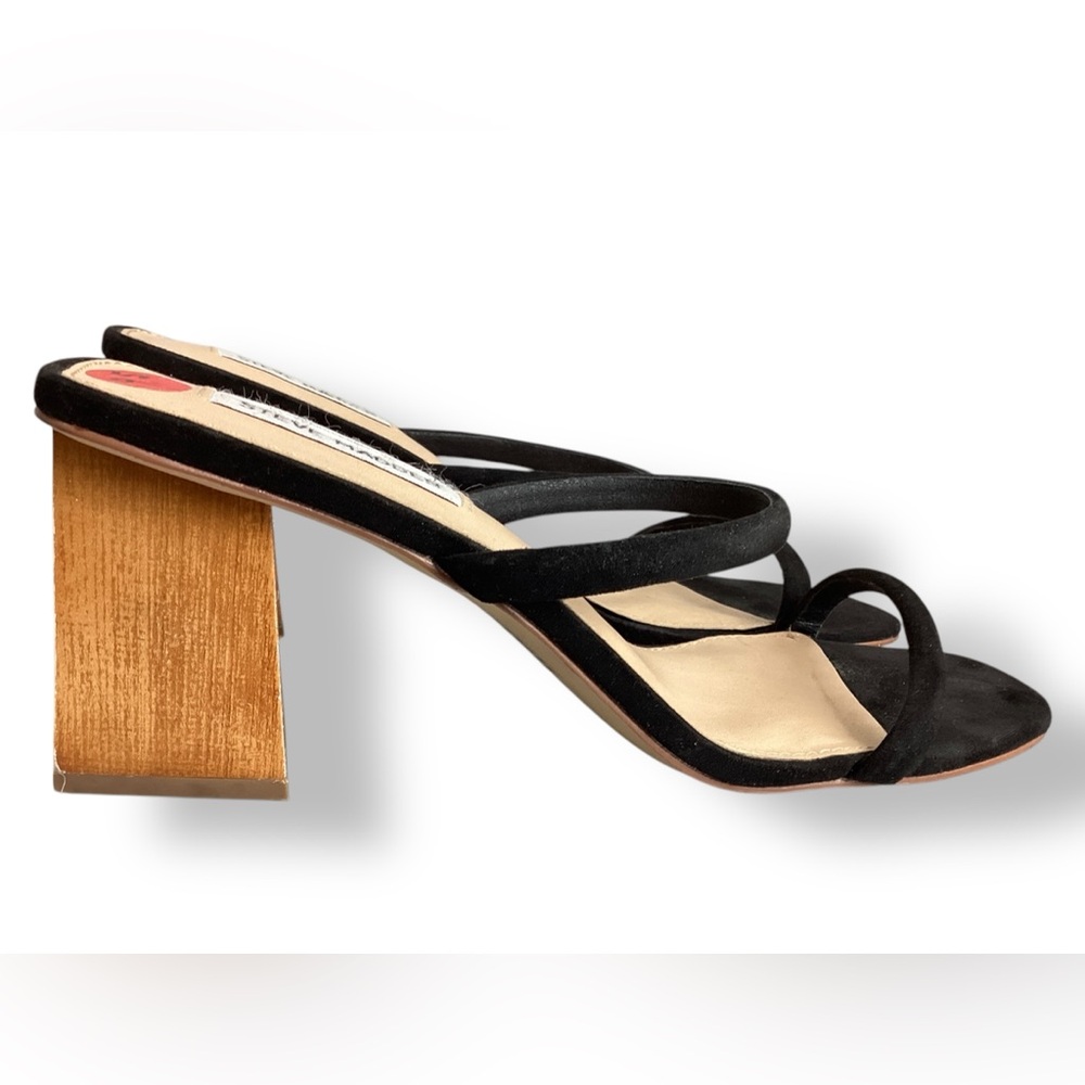 Steve Madden Honey wood block Heel Black Suede Strappy Sandals slip on